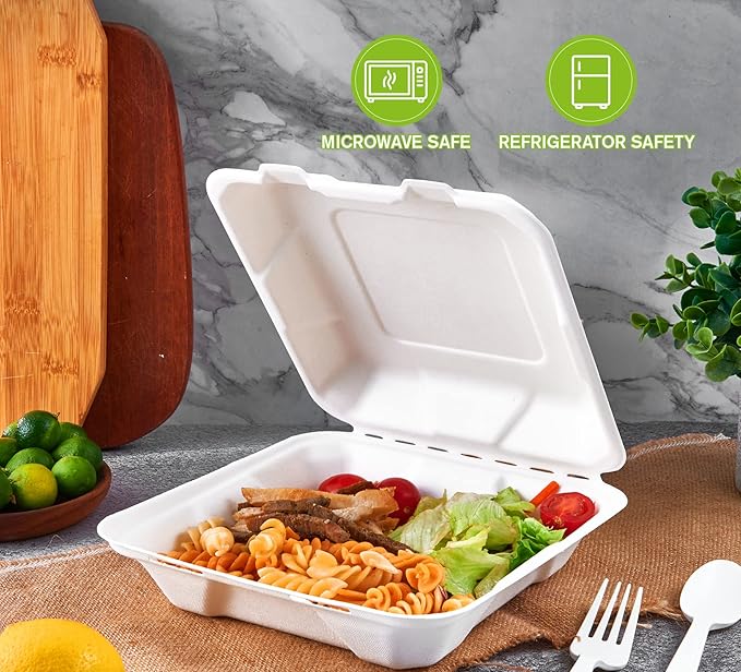 ECOLipak 50 Pack Clamshell Take Out Food Containers, 100% Compostable Disposable To Go Containers, 8X8 inch Heavy-Duty To Go Boxes for Food