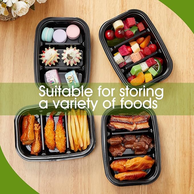 Chunful 36 Pcs 3 Compartment Black Snack Containers with Lids Disposable Bento Box Plastic Food Meal Prep Containers for Condiment Salad Dipping School Work Lunch