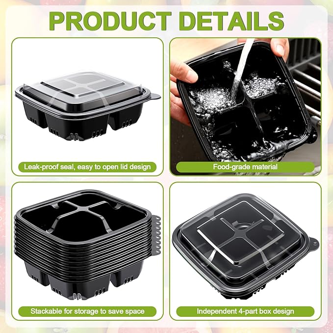 100 Pack 4-compartment Bento Snack Boxes with Lids Divided Lunch Containers for Travel School Camping Outdoor Home (Black)