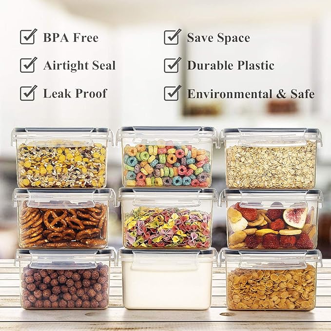 Wildone Cereal & Dry Food Storage Container Set of 16 [0.8L /3.38 Cups] for Sugar, Flour and Baking Supplies, Airtight Leak-proof & BPA Free, with 20 Labels & 1 Marker