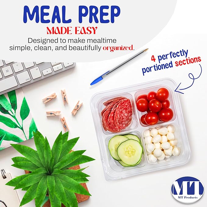 MT Products Clear 4 Compartment Meal Prep 6" x 6" - Disposable Divided Bento Box (Pack of 300) - Made in the USA