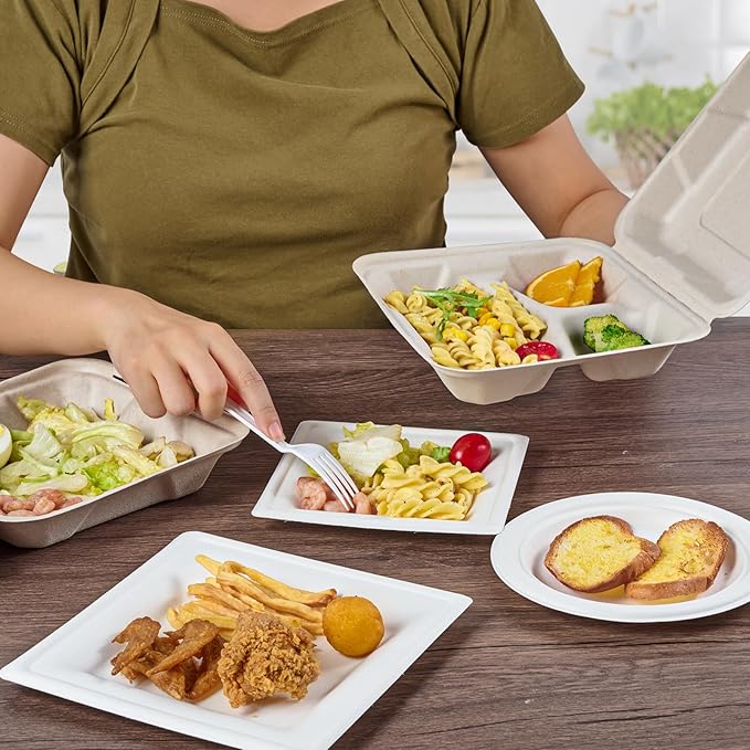 ECOLipak 50 Pack Clamshell To Go Containers, 100% Compostable Disposable Take Out Food Containers, 8X8 3-Compartment Heavy-Duty To Go Boxes,Eco-Friendly Biodegradable To Go Containers For Food