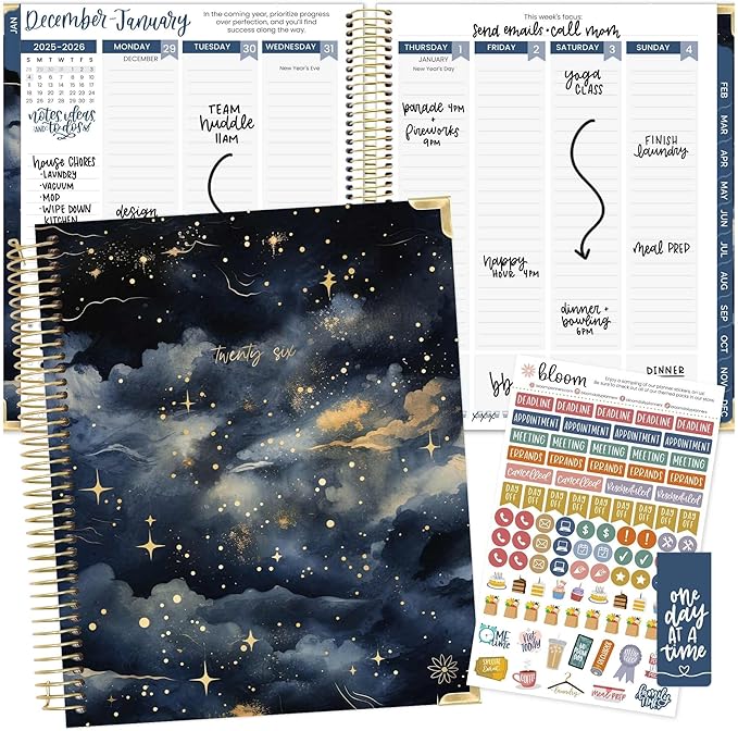 bloom daily planners 2026 Hardcover Calendar Year Goal & Vision Planner (January to December) - Monthly & Weekly Agenda Organizer - 7.5" x 9" - Midnight Sky