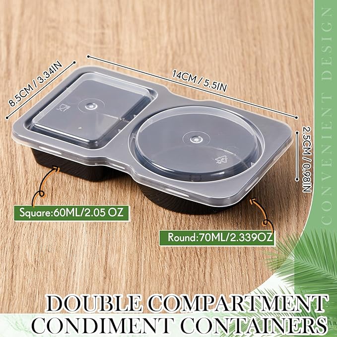 Blushtier 10 Pcs Pack Snack Containers with Lids, 5 oz Double Compartment Plastic Food Containers, Portable Divided Snack Cups for School, Office, Meal Prep, Sauces, Dips, On-the-go Camping (Black)
