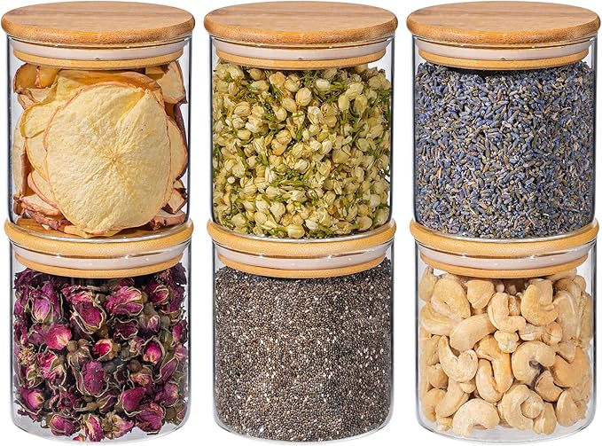 20oz 6PCS Round Airtight Glass Food Storage Jars, Clear Glass Food Container with Bamboo Lid, Stackable Spice Jar, Small Kitchen Storage for Sugar, Tea, Coffee bean, Pasta, Oat, Spice
