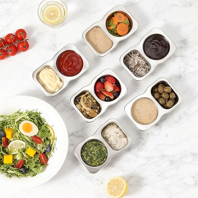 4 Pack Stainless Steel 2-Compartment Small Snack Containers with Lids 5.3oz Lunchable Meal Prep Containers for Adult Reusable Divided Stackable Bento Lunch Box Accessories for Home Travel