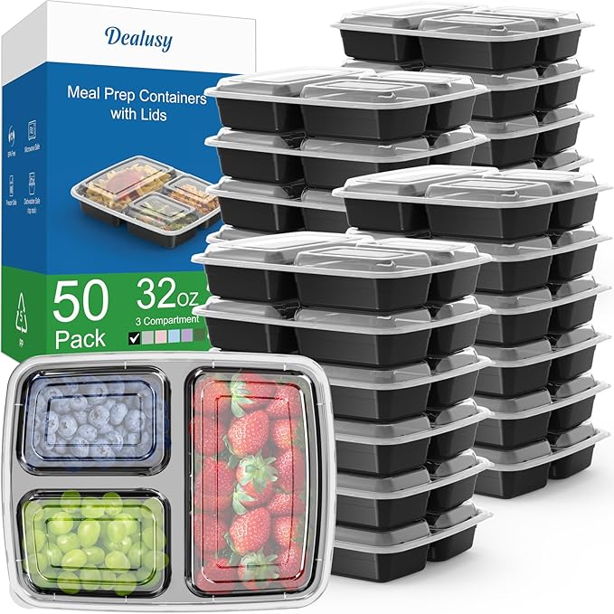 50 Pack (100-Piece) 32 oz Meal Prep Containers Reusable with Lids 3-Compartment, To Go Take Out Plastic Food Storage Containers, Sturdy Leakproof Food Safe, Microwave Freezer Dishwasher Safe, Black