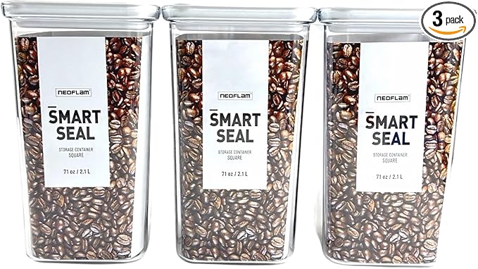 Neoflam Airtight Smart Seal Food Storage Container (Set of 3) | Crystal Clear Body | Modular, Stackable, Nestable Design (2.1L, Square)