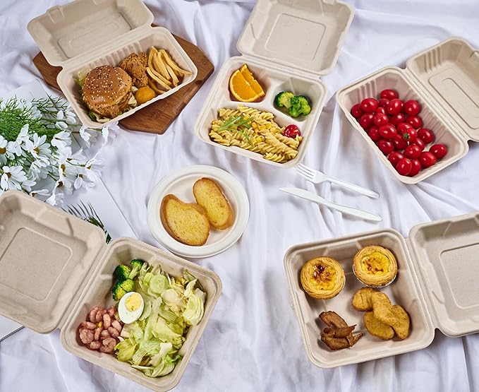 ECOLipak 75 Pack Clamshell Take Out Food Containers, 100% Compostable To Go Containers Disposable, 9X6 inch Heavy-Duty To Go Boxes, Eco-Friendly Biodegradable To Go Containers For Food