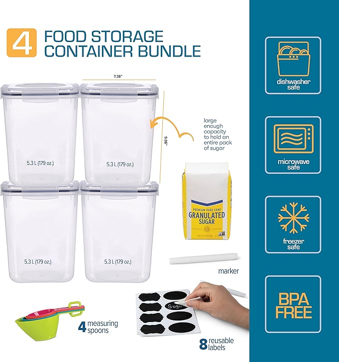 Storeganize Flour Sugar Storage Containers (5.3L/4pk) Great Rice Canisters Sets For The Kitchen pantry, Large Food Storage Containers With Lids Airtight