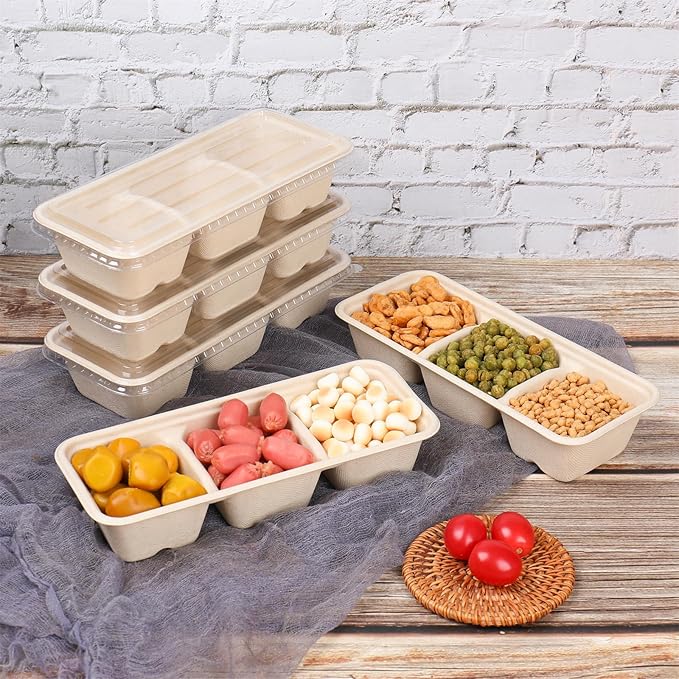 16oz disposable 3 compartments Sugarcane Fibers bowls with lid take away food containers Meal Prep Bowls 25 Pack