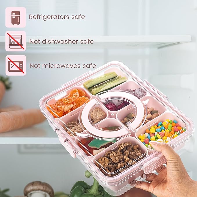 Dingerjar Divided Serving Tray with Lid and Handle - Snackle Box Charcuterie Container for Portable Snack Platters Organizer for Candy, Fruits, Nuts, Snacks - Perfect for Party, Entertaining, Pink