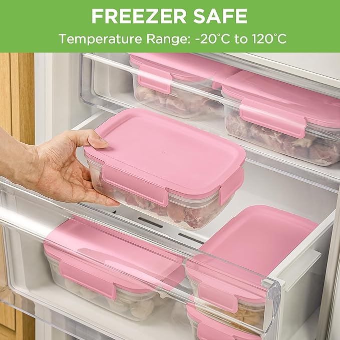 10-Pack Food Storage Containers with Airtight Leakproof Lids, BPA-Free Meal Prep Containers for Microwave/Dishwasher/Freezer, Pink, 47.3oz Each