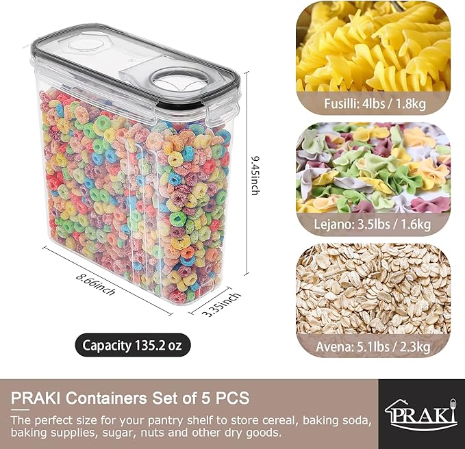 PRAKI 5PCS Cereal Containers Storage Set, BPA Free Airtight Food Storage Container Set with Lids, Kitchen Pantry Organization and Storage for Sugar, Baking Supplies with 20 Labels & Mark(4L Black)