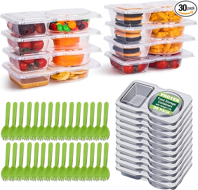 30 Sets Reusable Snack Containers with Lids, Double Compartment Snack Pack Containers with Spoons, BPA Free | Microwave & Dishwasher Safe | Leakproof Condiment Containers for School Office Travel