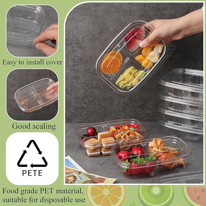 Chunful 36 Pcs 4 Compartment Transparent Snack Containers with Lids Disposable Bento Box Plastic Food Meal Prep Containers for Condiment Salad Dipping School Work Lunch
