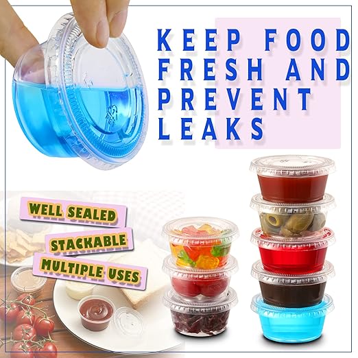 [260 Sets - 2 oz ] Jello Shot Cups, Small Plastic Containers with Lids, Airtight and Stackable Portion Cups for Salad Dressing, Dipping Sauce and Condiment for Lunch, Party, Trips