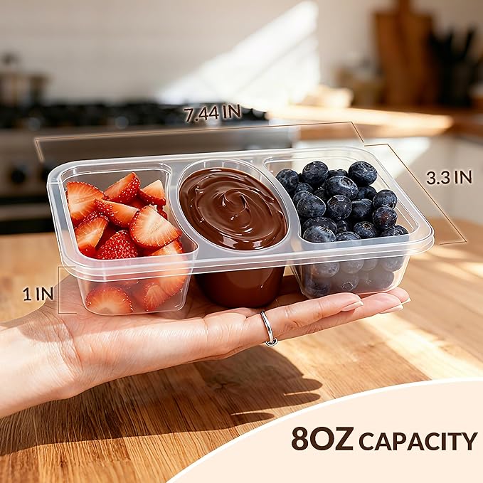 HI-REEKE 8 OZ New 3 Compartment Snack Containers, 20 Sets Bigger Reusable Clear Snack Packs Container with Lids