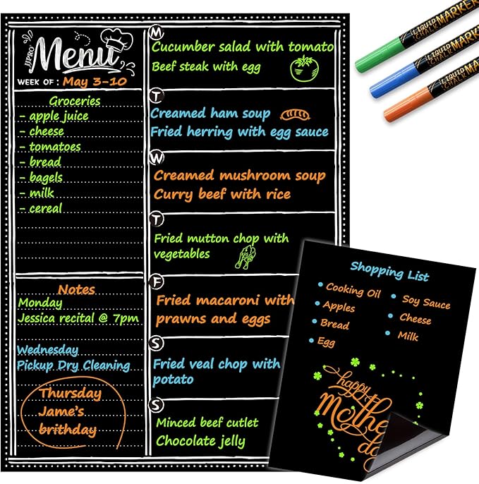 JJPRO Magnetic Dry Erase Menu Blackboard for Fridge-Weekly Meal Planner Chalkboard with Notepad Blackboard Set for Kitchen Refrigerator-Refrigerator Organizer with Menu Planning Board