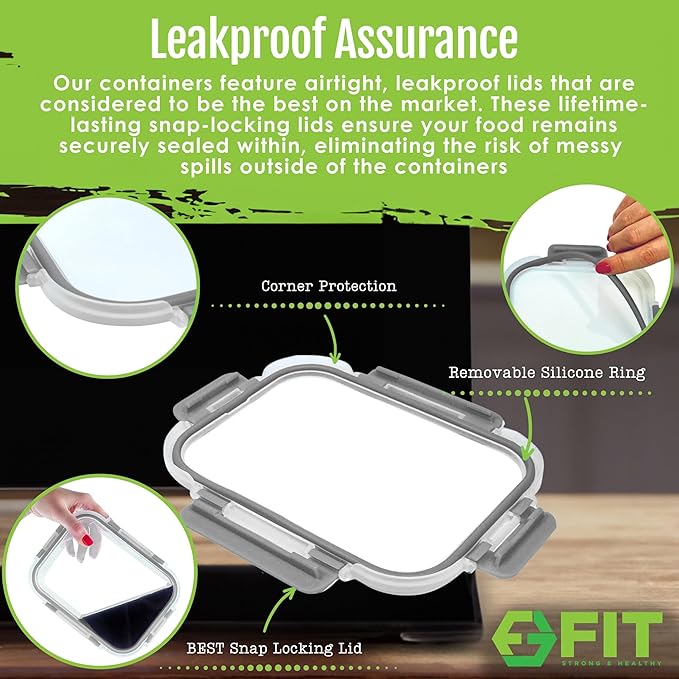 FIT Strong & Healthy 2 and 3 Compartment Glass Meal Prep Containers – Glass Bento Box for Adults, Portion Control, Food Storage, Lunch Container, Oven & Freezer Safe, Leak-Proof, 32 oz, Gray, 4 Pack