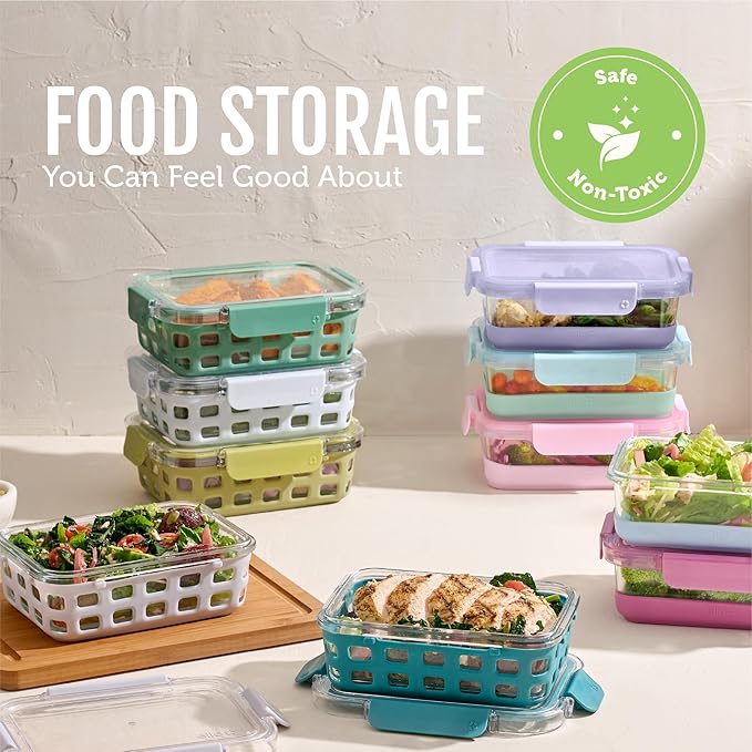 Ello Duraglass 3.4 Cup Meal Prep Sets 10Pc, 5 Pack Set- Glass Food Storage Container with Silicone Sleeve and Airtight BPA-Free Plastic Lids, Dishwasher, Microwave, and Freezer Safe, Fruit Salad