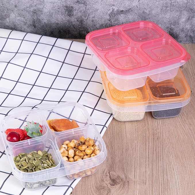Finorder 6 Pack 4-Compartment Food Containers, Reusable Snack Containers for Kids Adults School Work Picnic, Lunch Bento Box Meal Prep Containers (Classic Color Set)