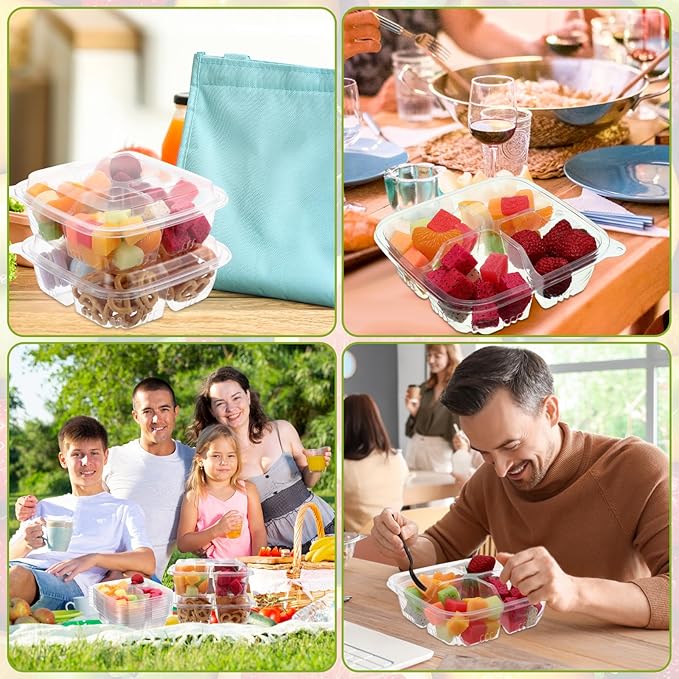 100 Pack 4-compartment Bento Snack Boxes with Lids Divided Lunch Containers for Travel School Camping Outdoor Home (Clear)