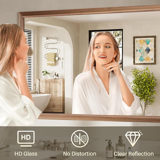 48x32 Inch Bathroom Mirror for Wall, Anti-Rust Walnut Wood Grain Metal Framed - Image 6