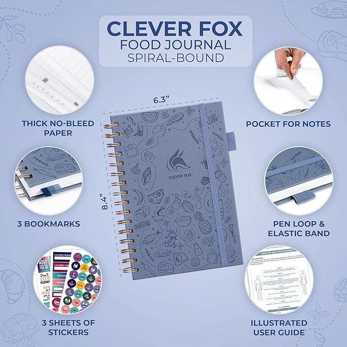 Clever Fox Food Journal Spiral - Daily Food Diary, Meal Prep Planner to Track Calories & Nutrients, Weight Loss Tracker Notebook (Windy Blue)