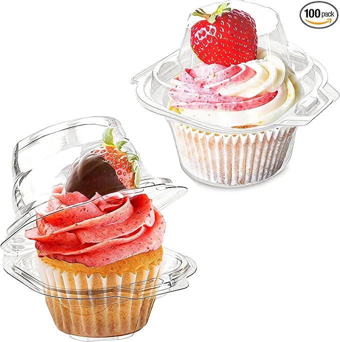 100 Pcs Cupcake Boxes Plastic Individual Cupcake Containers Single Cupcake Carrier with Connected Airtight Dome Lid for Party