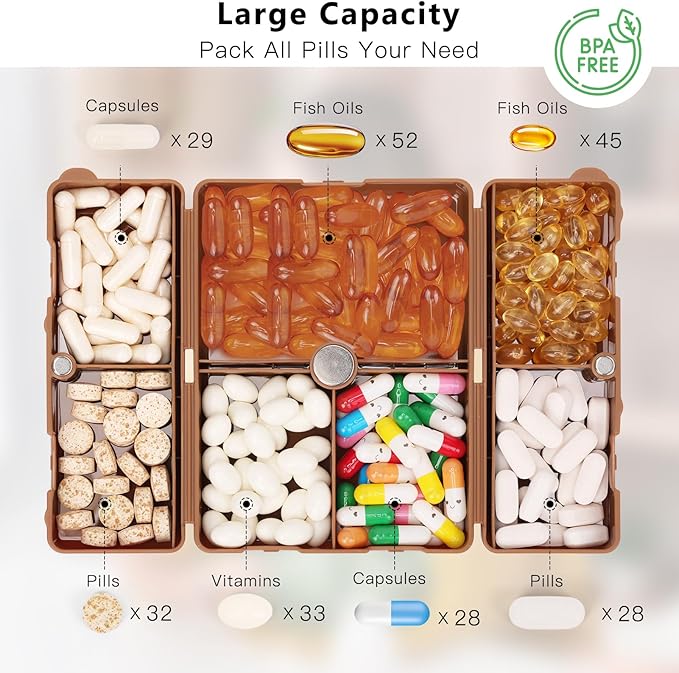 FYY Daily Pill Organizer,2 Pcs 7 Compartments Portable Pill Case Travel Pill Organizer,[Folding Design] Pill Box for Purse Pocket to Hold Vitamins,Cod Liver Oil,Supplements and Medication-Brown
