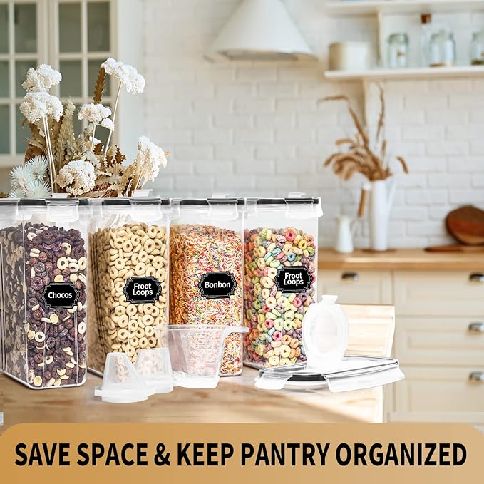 PRAKI Cereal Containers Storage Set (4L,135.2 Oz), 4PCS Airtight Food Storage Containers with Pour Spout for Kitchen & Pantry Organization Cereal Dispensers with 20 labels, Measuring Cup & Marker