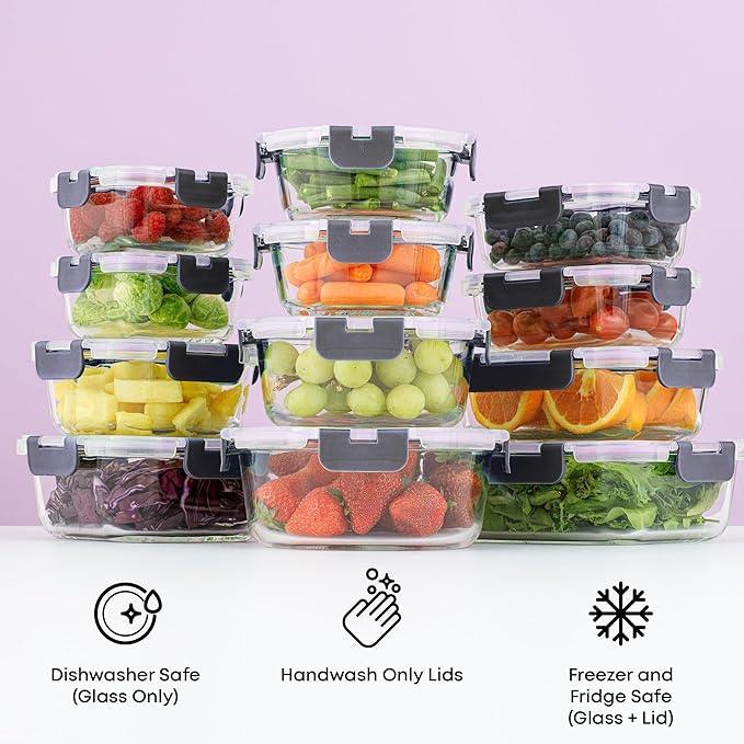 JoyJolt 24pc Borosilicate Glass Storage Containers with Lids | 12 Airtight/Freezer Safe Food Storage Containers for Pantry and Kitchen | Meal Prep Container for Lunch | Glass Tupperware Set