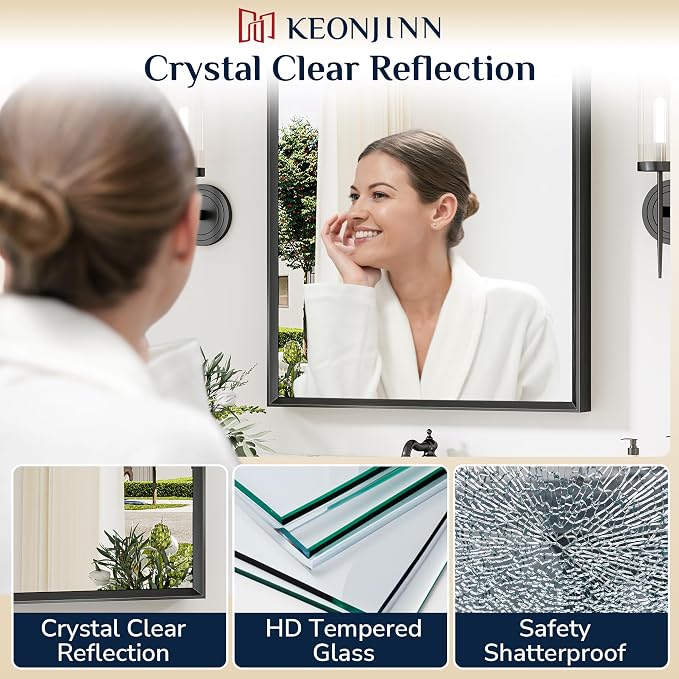 Keonjinn 30 x 36 Inch Black Bathroom Mirror, Beveled Rectangle Framed Mirror - Image 3