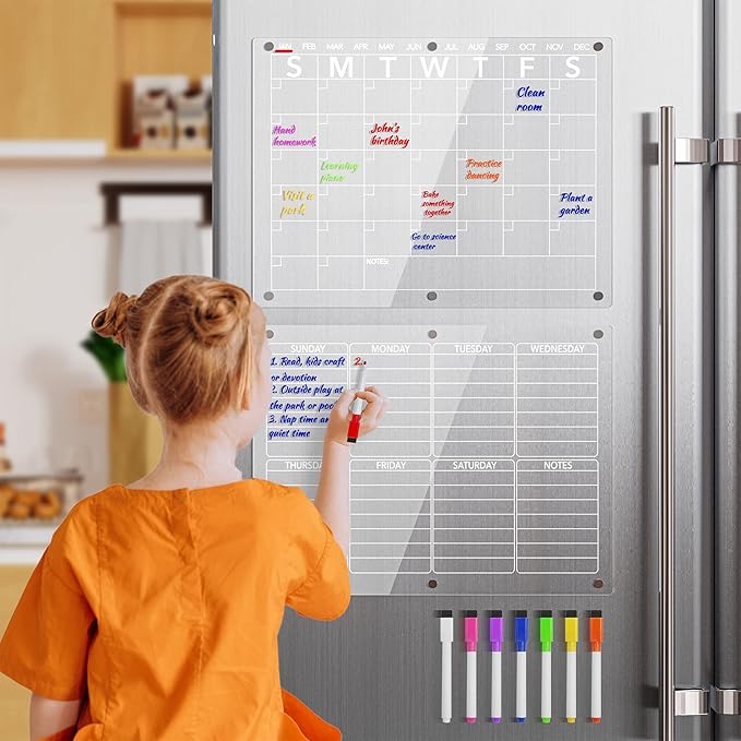 Neatsure Acrylic Magnetic Dry Erase Board Calendar for Fridge, Clear Monthly and Weekly Planner Whiteboard for Refrigerator, w/ 8 Colors Markers, 15"x11"