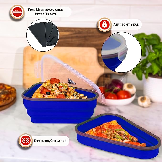 PIZZA PACK The Perfect Reusable Pizza Storage Container with 5 Microwavable Serving Trays - BPA-Free Adjustable Pizza Slice Container to Organize & Save Space, 4 Pack, Blue