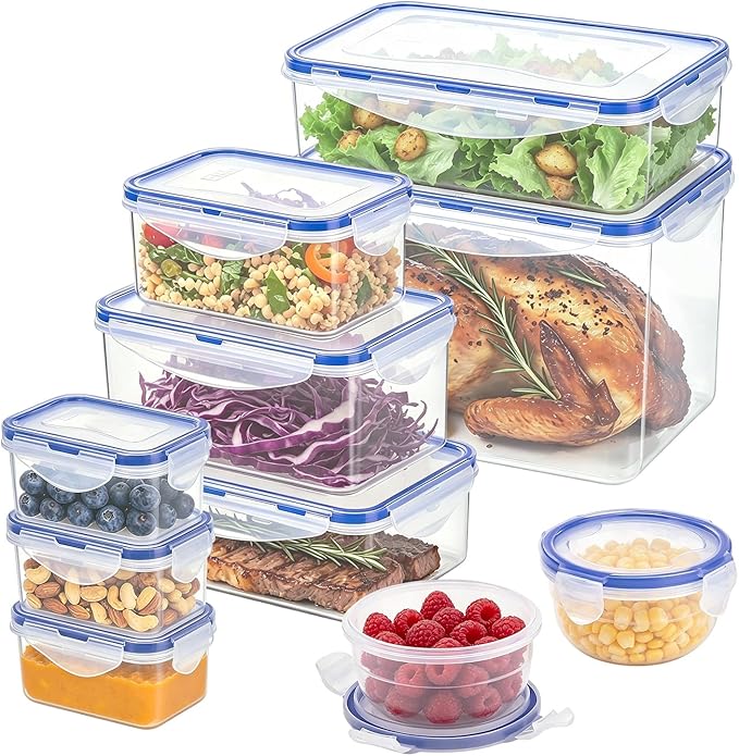 KIGI Food Storage Containers Set, Assorted Size Variety Pack, Airtight Leak Proof Lids, Stackable BPA-Free Multi-Use for Meal Prep, Leftovers, Kitchen & Fridge Freezer Organization, 20 Piece Set