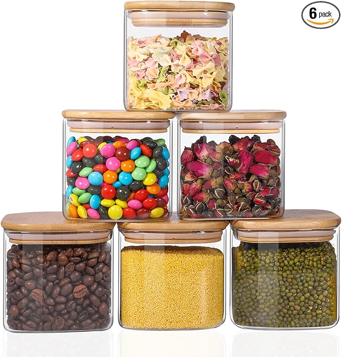 Glass Food Storage Jars 27oz Set of 6,Glass Storage Containers Clear Glass Food Canister with Bamboo Lid Airtight For Serving Tea, Coffee, Flour, Sugar, Candy, Cookie, Spice and More (Square)
