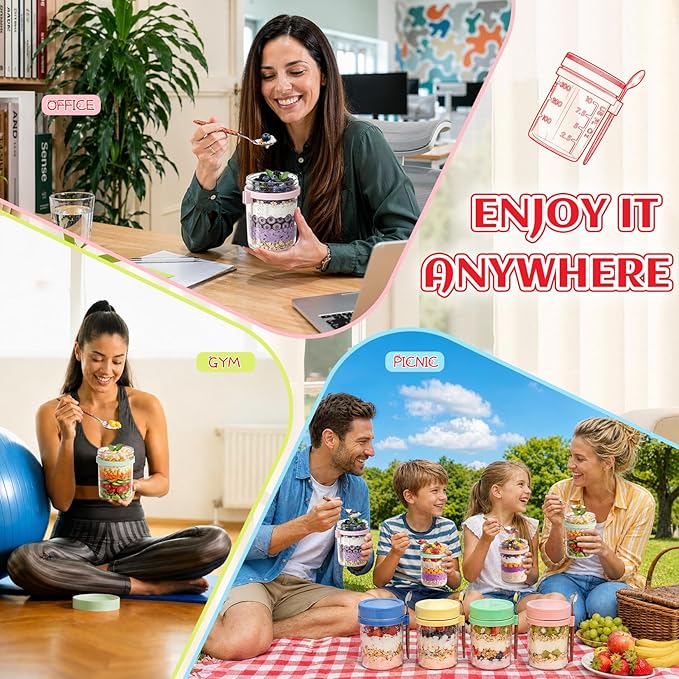4 Pack Overnight Oats Containers with Lids and Spoons, 16 oz Glass Mason Jars with Removable Topping Cups, Airtight Yogurt Containers for Parfait, Chia Pudding, Fruit, Cereal, Salad Meal Prep