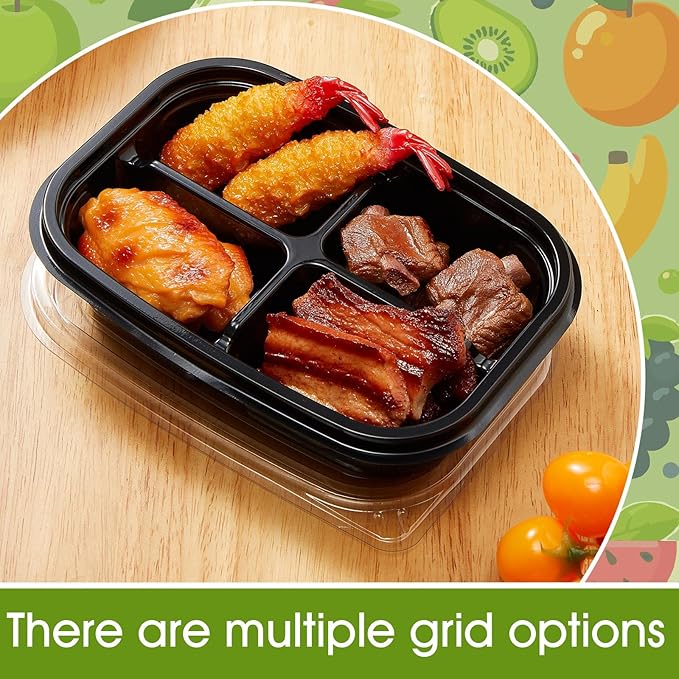 Chunful 36 Pcs 4 Compartment Black Snack Containers with Lids Disposable Bento Box Plastic Food Meal Prep Containers for Condiment Salad Dipping School Work Lunch