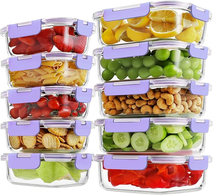 10 Pack Borosilicate Glass Meal Prep Containers with Locking Lids, Glass Food Storage Containers Set, Airtight Lunch Bento Boxes, BPA-Free & Leak Proof, 36oz & 14oz, Freezer, Oven Safe-Purple
