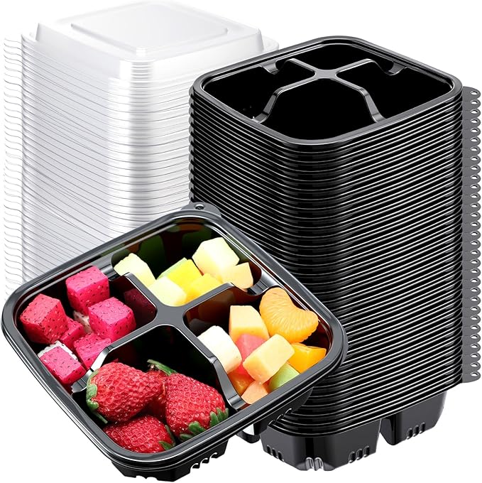 80 Pack 4-compartment Bento Snack Boxes with Lids Divided Lunch Containers for Travel School Camping Outdoor Home (Black)