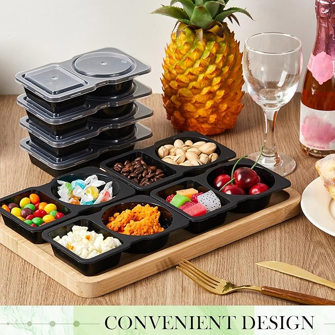 Blushtier 10 Pcs Pack Snack Containers with Lids, 5 oz Double Compartment Plastic Food Containers, Portable Divided Snack Cups for School, Office, Meal Prep, Sauces, Dips, On-the-go Camping (Black)