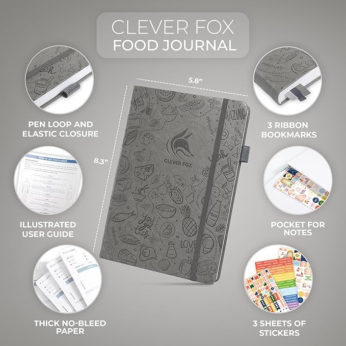Clever Fox Food Journal - Daily Food Diary, Meal Planner to Track Calories & Nutrients, Weight Tracker Notebook, A5 (Gray)
