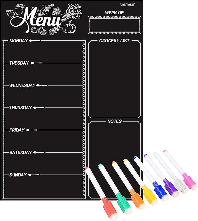 Magnetic Refrigerator Chalkboard,Weekly Menu, Meal Planner, Grocery Shopping List, Dry Erase Board, for Kitchen Fridge with 8 Color Magnetic Markers (16inchx12inch)