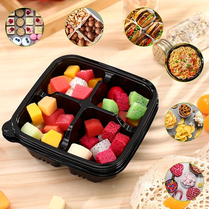 80 Pack 4-compartment Bento Snack Boxes with Lids Divided Lunch Containers for Travel School Camping Outdoor Home (Black)