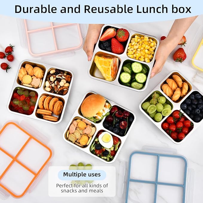 Stainless Steel Snack Containers with Lids, 4 Pack 4 Compartment Meal Prep Containers, Reusable Bento Box with Assorted Colors, Food Storage for Lunch, Work (Pink/Blue/Orange/Yellow)