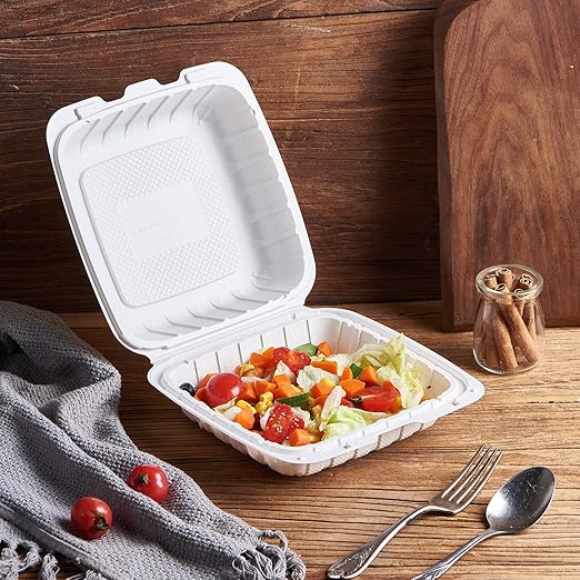 8X8" 1-Compartment 50Pack Plastic Clamshell Take Out Food Containers Heavy-Duty Togo Disposable Lunch Box With Secure Snap Hinged Lid Meal Prep for Parties Restaurants and Food Trucks Microwave Safe