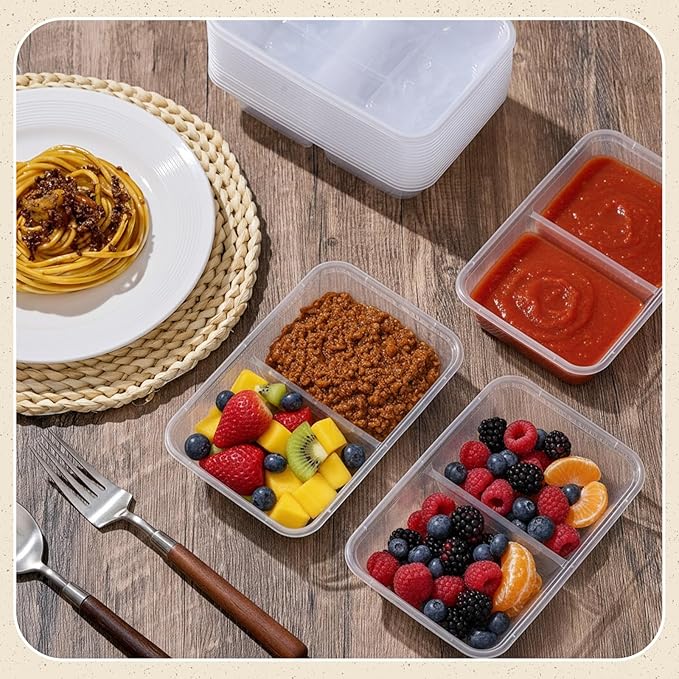 Nuogo 100 Pcs Reusable Snack Pack Containers with Lids, 16 oz Large 2 Compartment Condiment Plastic Snack Box Containers for Kids Adults Home Travel Outdoor School Use