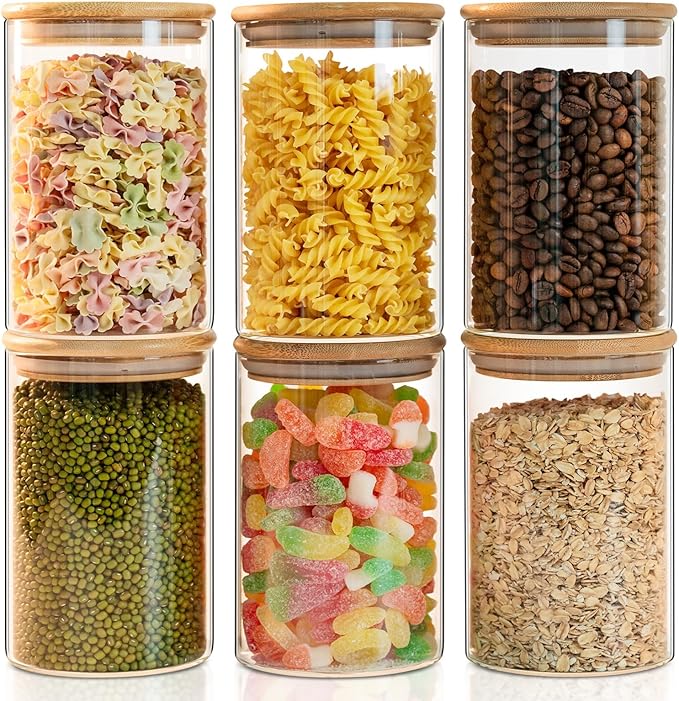 YUNCANG Glass Food Storage Jars 50oz [Set of 6],Clear Glass Food Storage Containers with Airtight Bamboo Lid Stackable Kitchen Canisters for Candy,Cookie,Rice,Sugar,Flour,Pasta